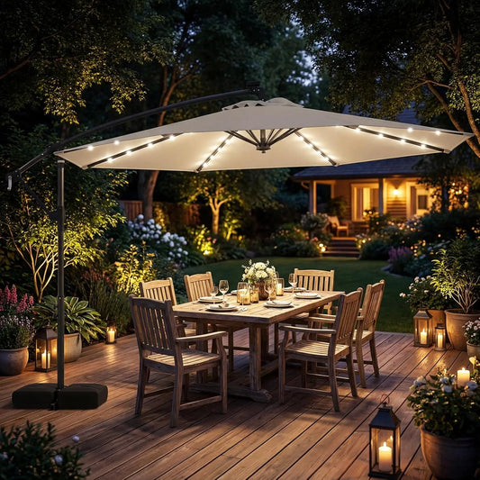 Solar Patio Cantilever Umbrella With Base And 32 LED Lights