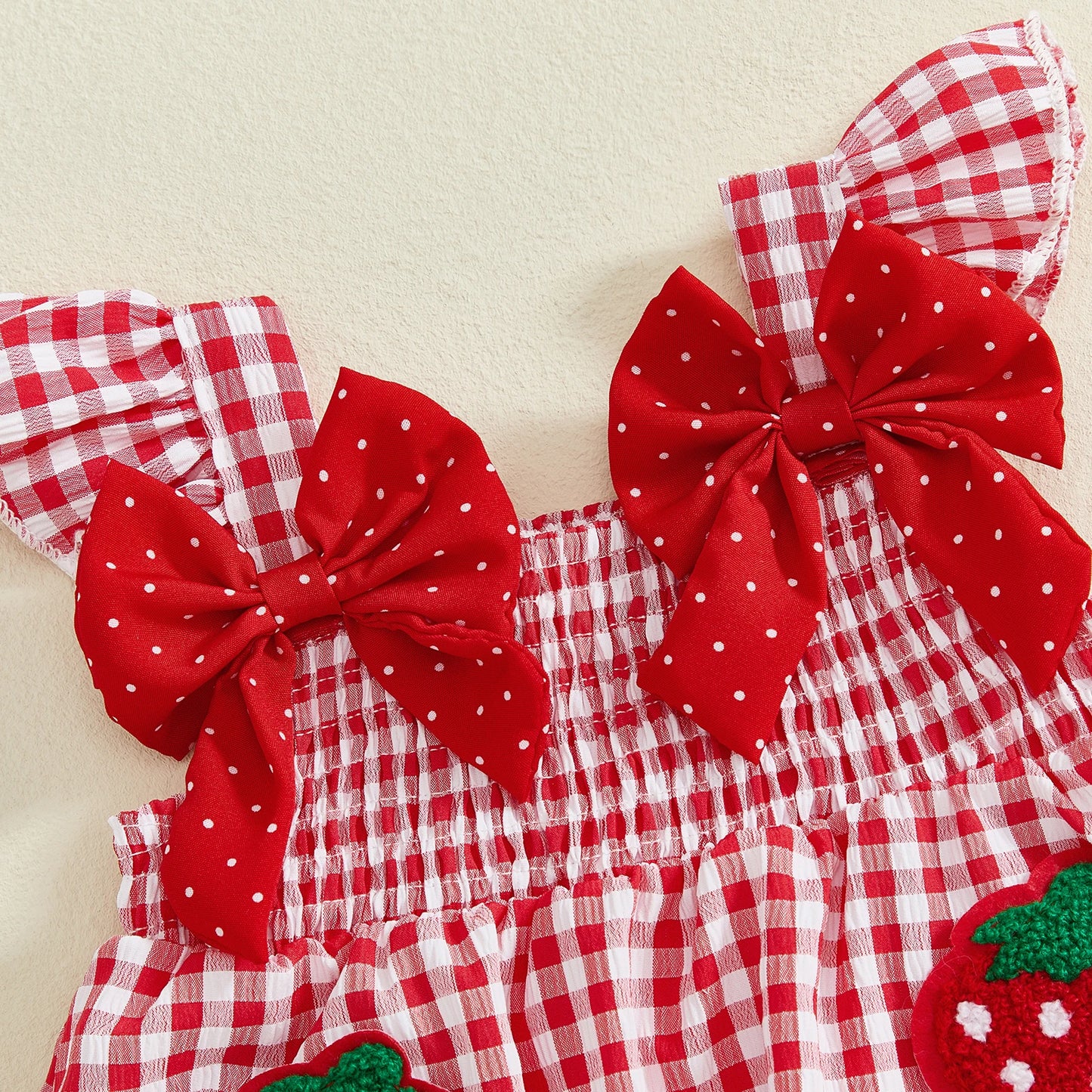 Summer Strawberry Embroidered Plaid Bow Trim Toddler Girl Outfit Set