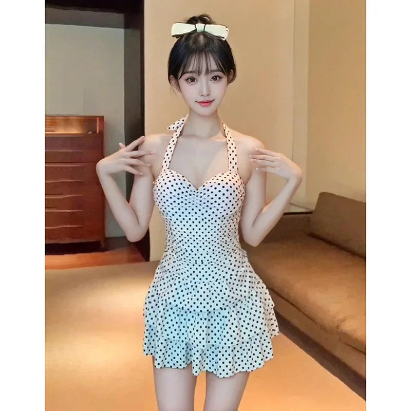 Retro Polka Dot One Piece Swimsuit Backless Thermal Spring Sweet Skirt Belly Covering Slimming New Model Swimwear for Women