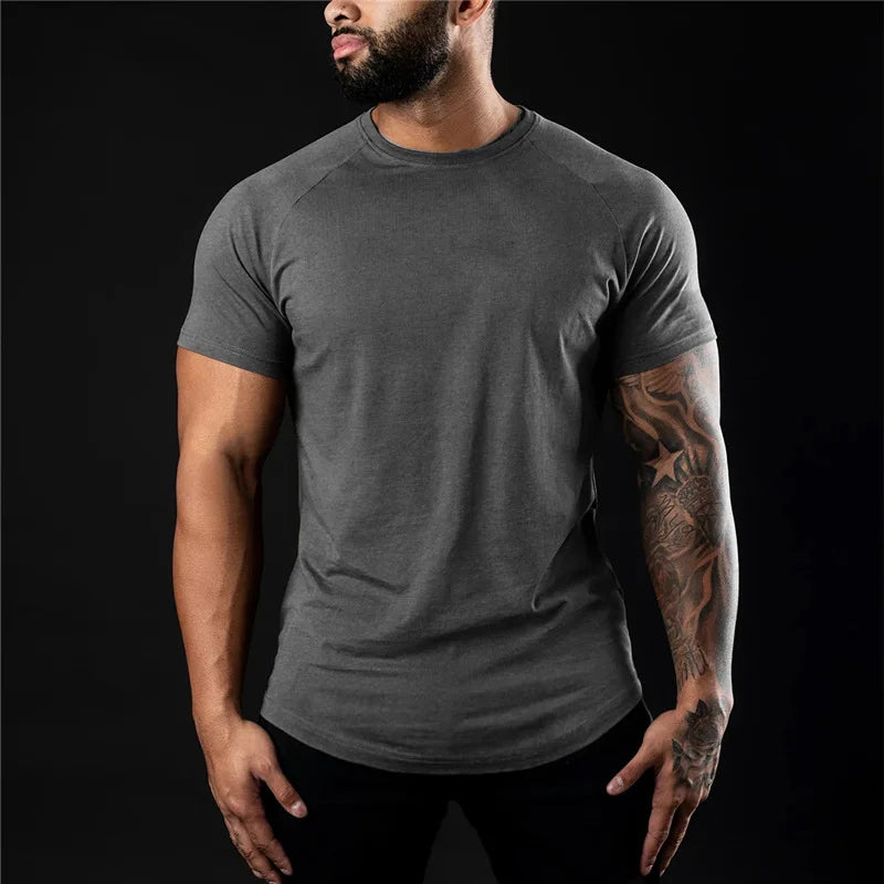 Plain Gym T Shirt Men Short Sleeve Cotton Fitness Tee
