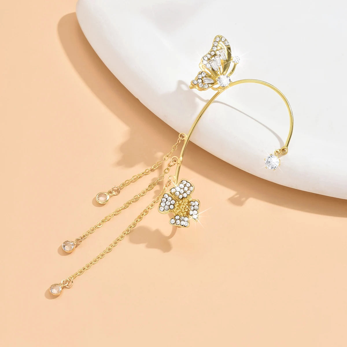 Silver Plated Metal Leaf Butterfly Clip Earrings For Women Zircon Ear Cuff