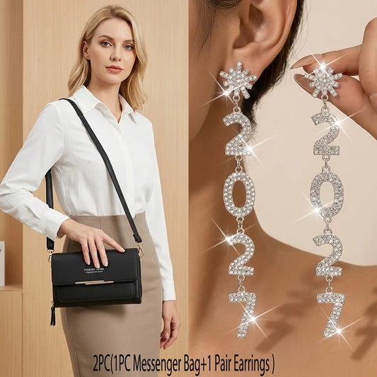 Womens Patent Leather Crossbody Bag with Rhinestone Drop Earrings Set