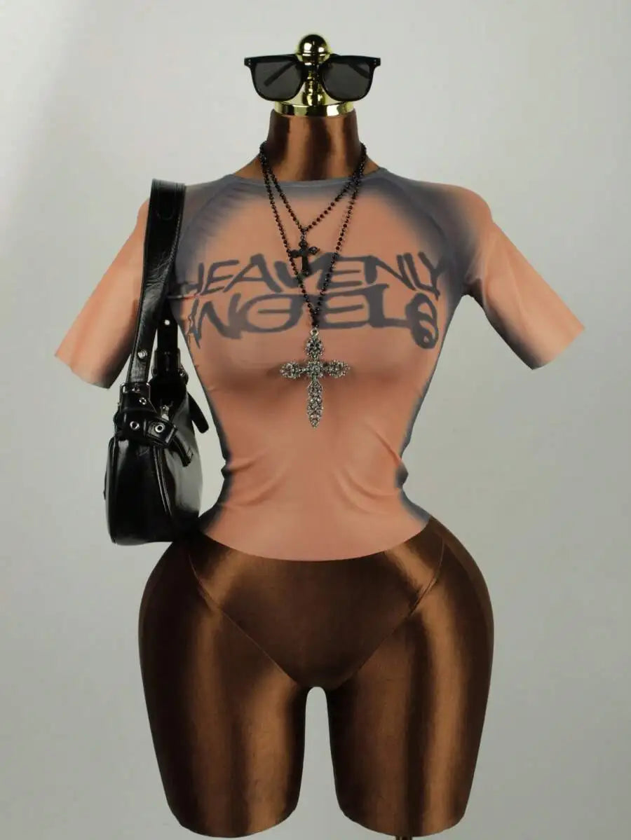 Sexy Mesh Graphic Tee for Women Heavenly Angel Print