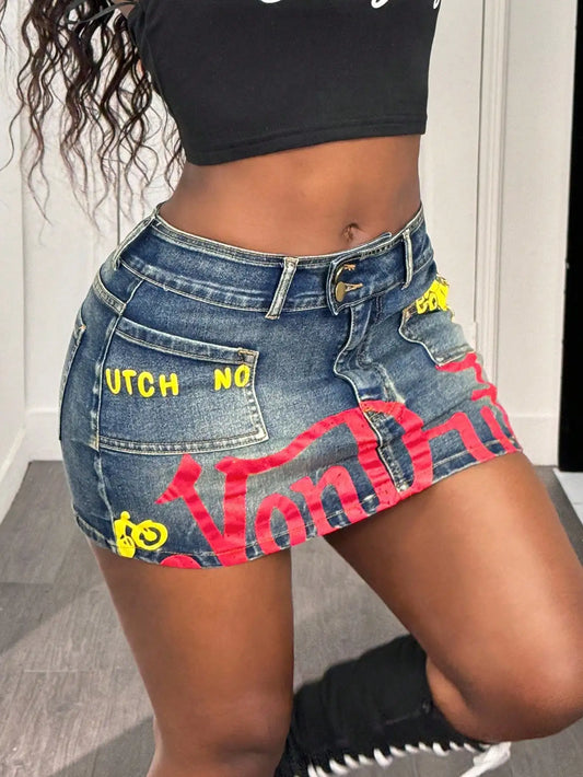 Denim Mini Skirt With Bold Graphic Print Y2K Style
