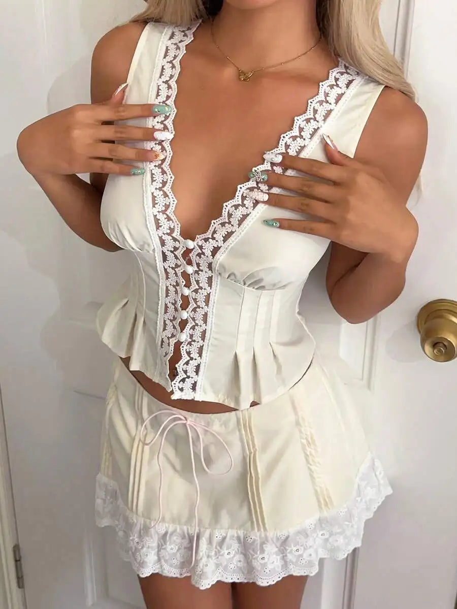 Women Lace V Neck Two Piece Set Sleeveless Top And Skirt