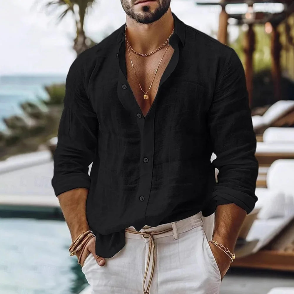 Cotton Linen Shirt for Men Single Breasted Breathable Lightweight