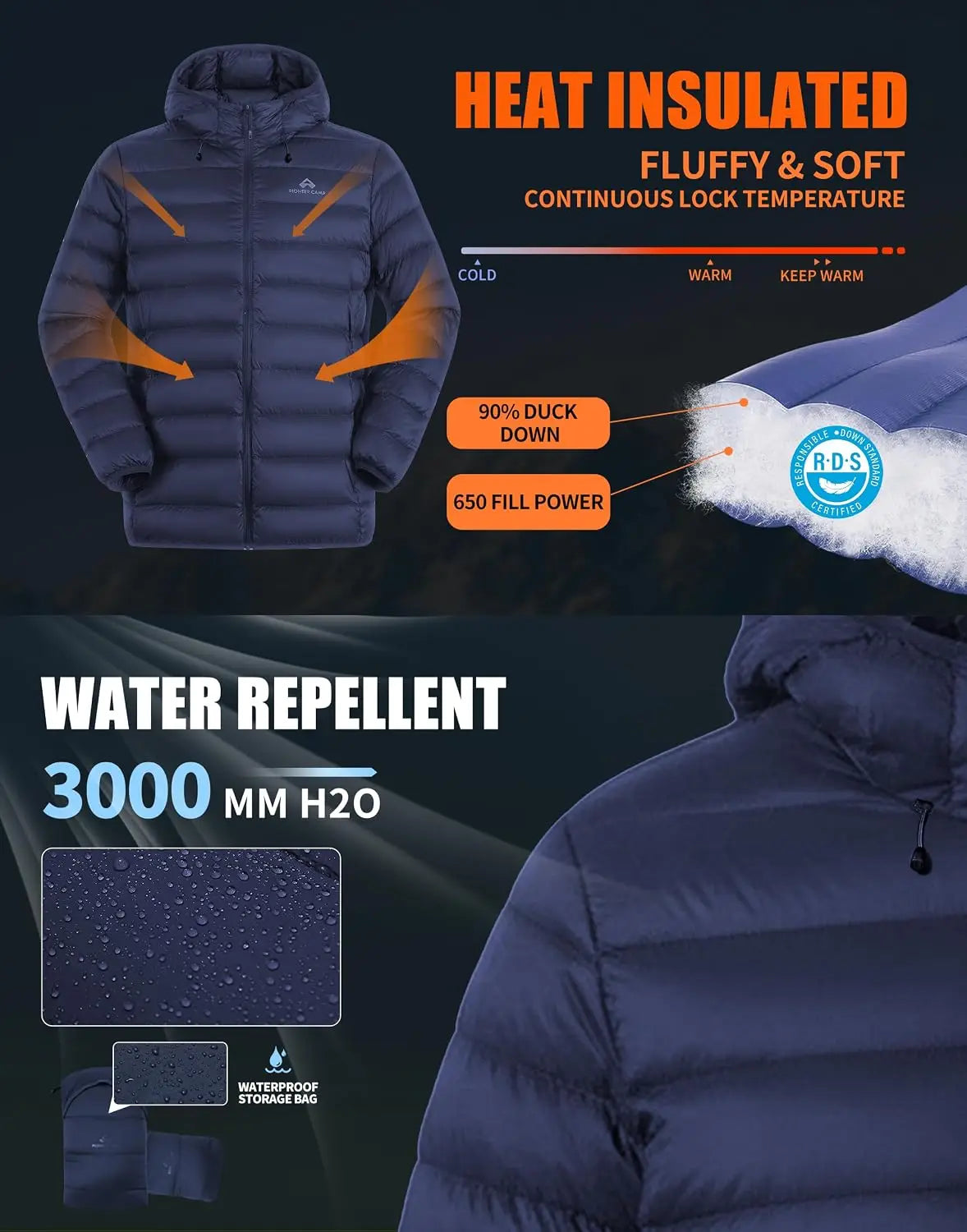 Pioneer Camp Men's Down Puffer Jacket with Hood Lightweight Packable Warm Insulated Thermal Puffy Winter Coat Ski Travel