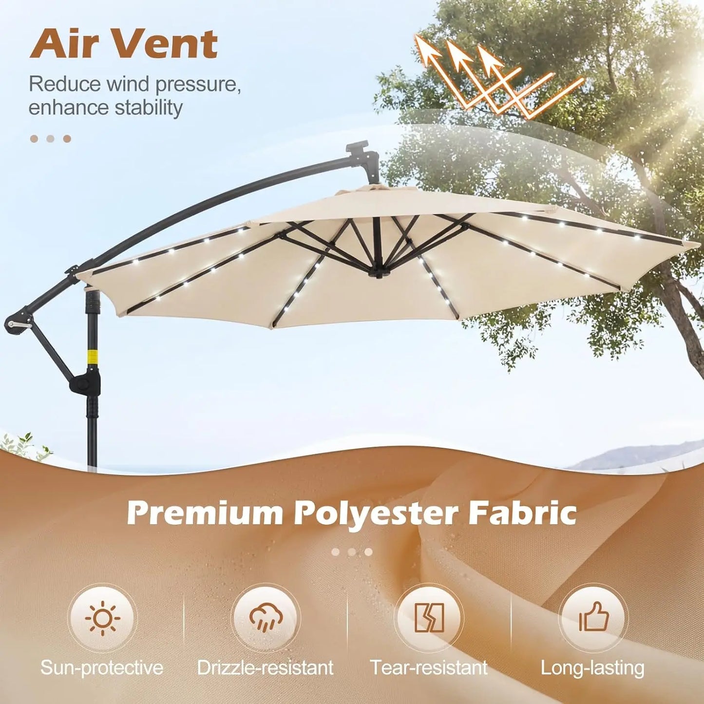 Solar Patio Cantilever Umbrella With Base And 32 LED Lights