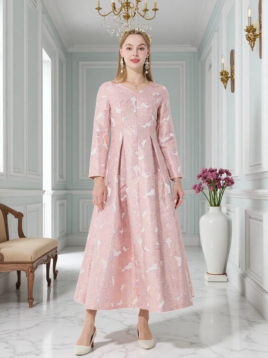 DEVCHATAB Floral Jacquard V Neck Semi Formal Jersey Dress