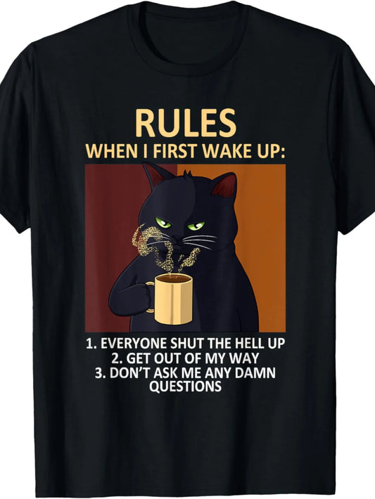 Funny Cat Drinking Coffee Graphic T-Shirt for Men – "Rules for Life" Design, 100% Cotton, Casual & Comfortable, Short Sleeve