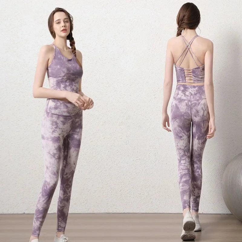 Women's High-Waist Seamless Yoga Set Leggings With Tie-Dye Bra