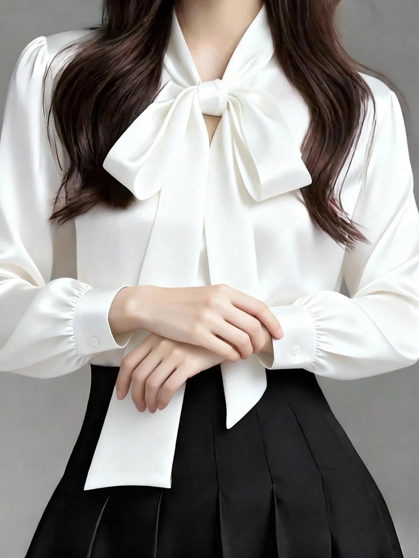 Satin Bow Collar Long Sleeve Blouse For Office Casual