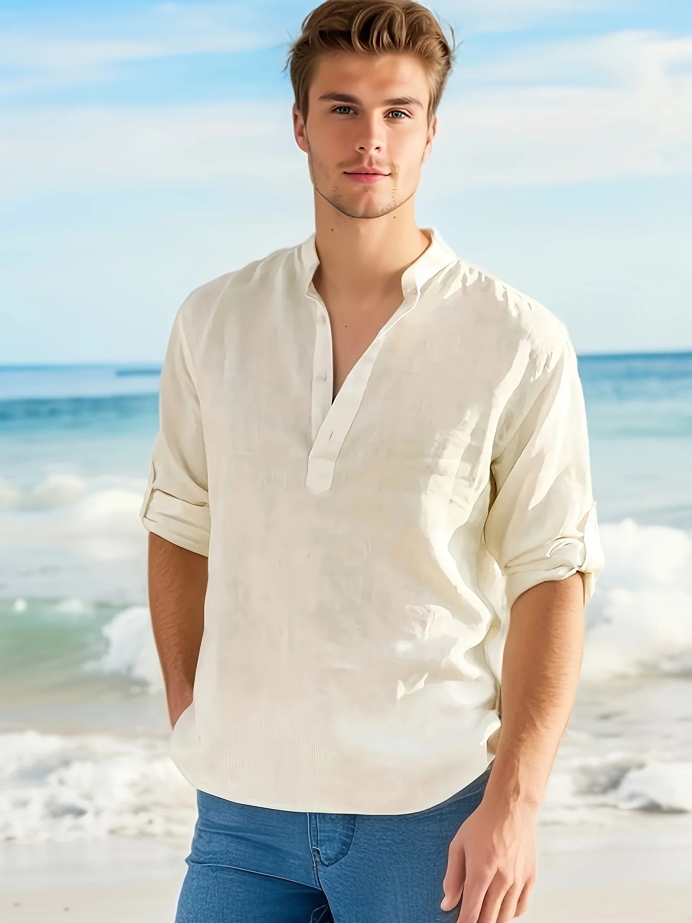 Men's Stand Collar Cotton Long Sleeve Shirt Loose Fit
