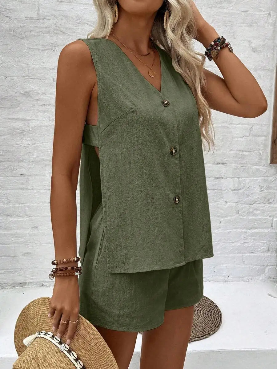 Women Sleeveless V-Neck Hollow Button Blouse and Casual Shorts Set