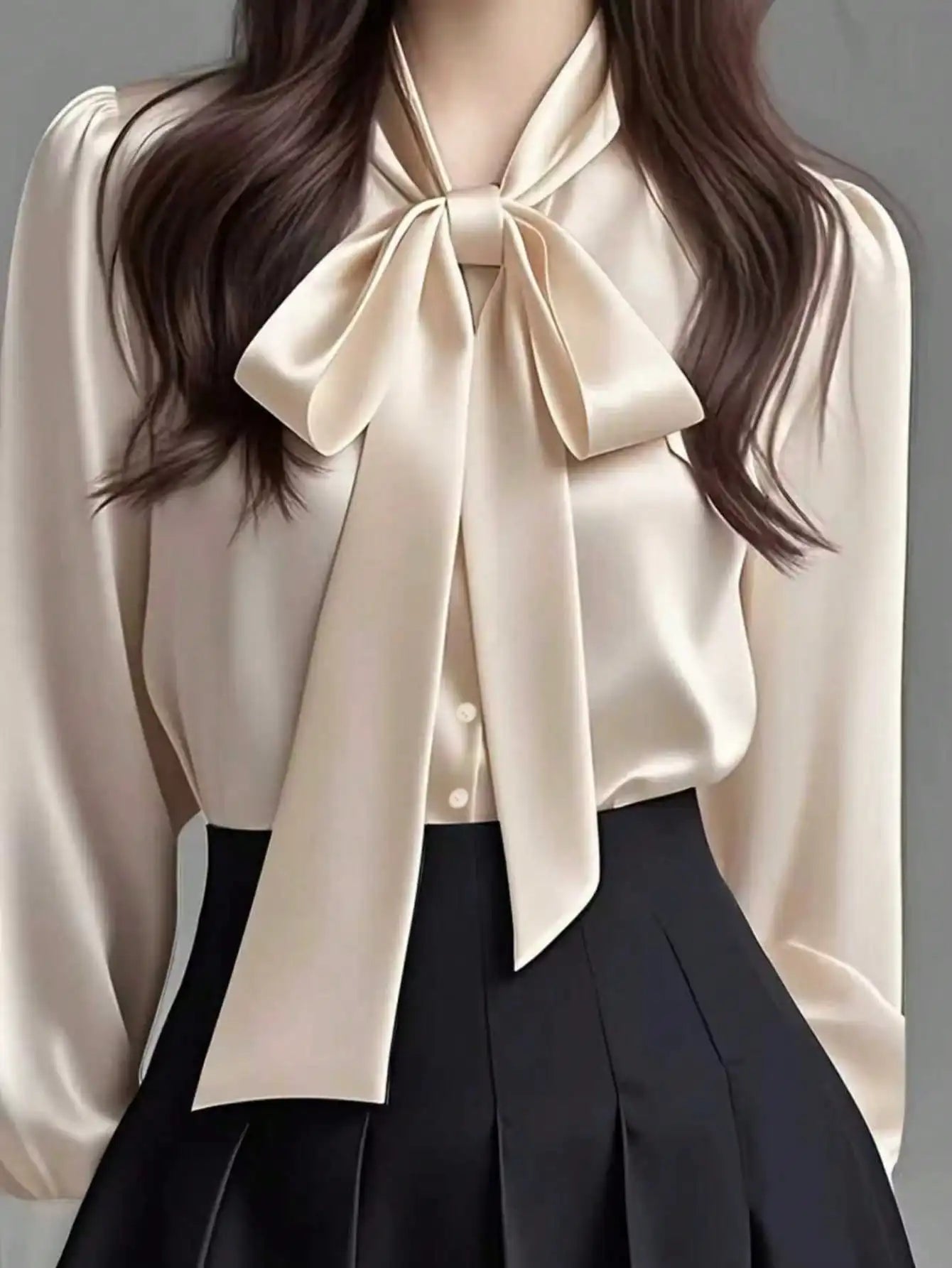 Satin Bow Collar Long Sleeve Blouse For Office Casual