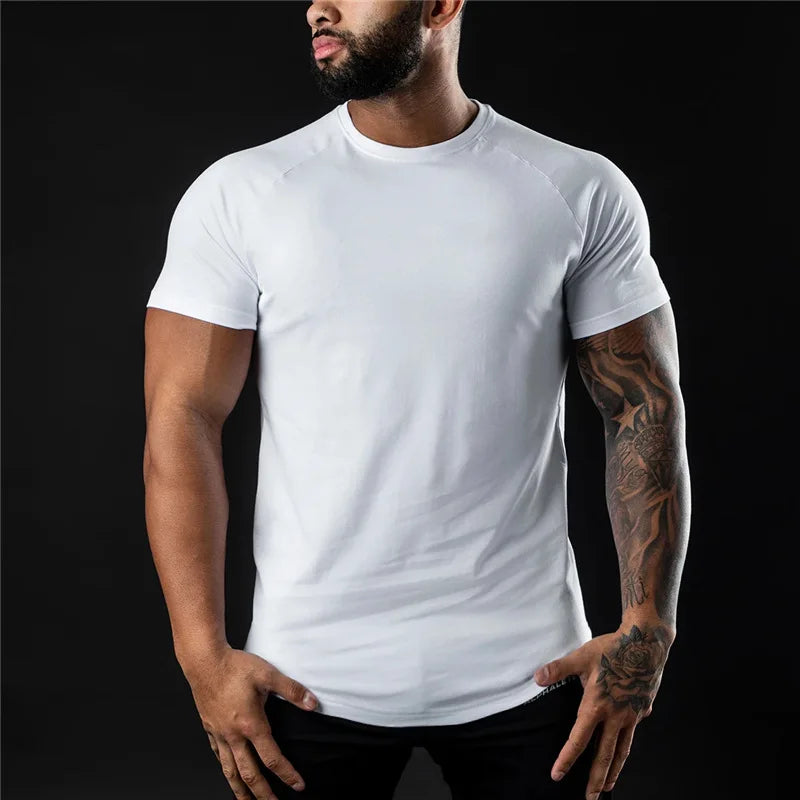Plain Gym T Shirt Men Short Sleeve Cotton Fitness Tee