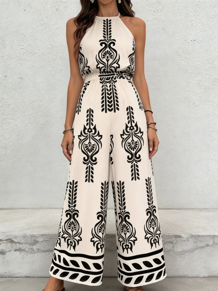 Womens Bohemian Polyester Jumpsuit Ethnic Print Loose Fit