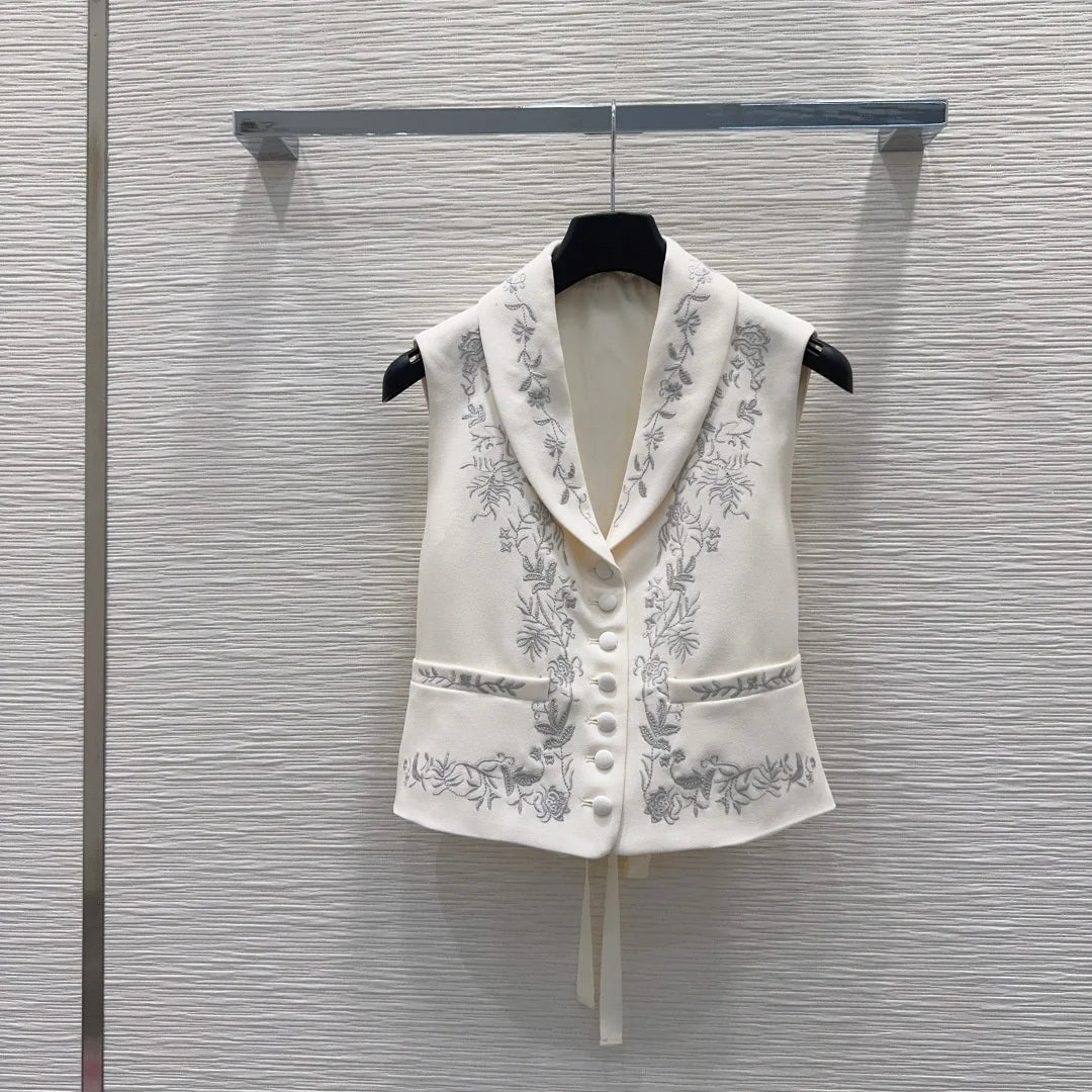 Womens Sleeveless Button Up Lapel Collar Embroidered Vest Spring Summer