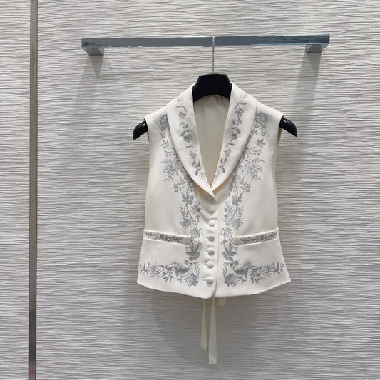 Womens Sleeveless Button Up Lapel Collar Embroidered Vest Spring Summer