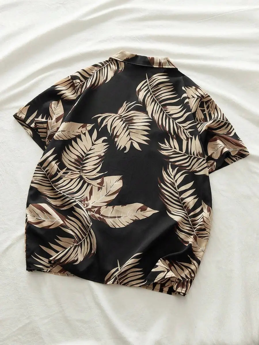 Men's Woven Casual Shirt With Leaf Pattern For Summer
