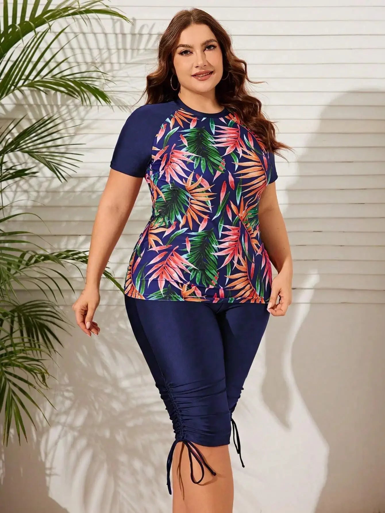 Women Tropical Print Rashguard Set for Summer Beach