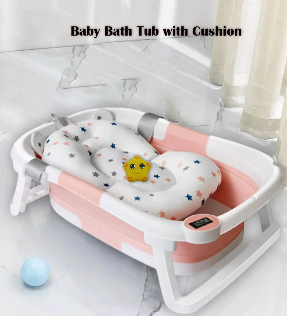 Foldable Baby Bath Tub With Cushion And Thermometer Non Slip