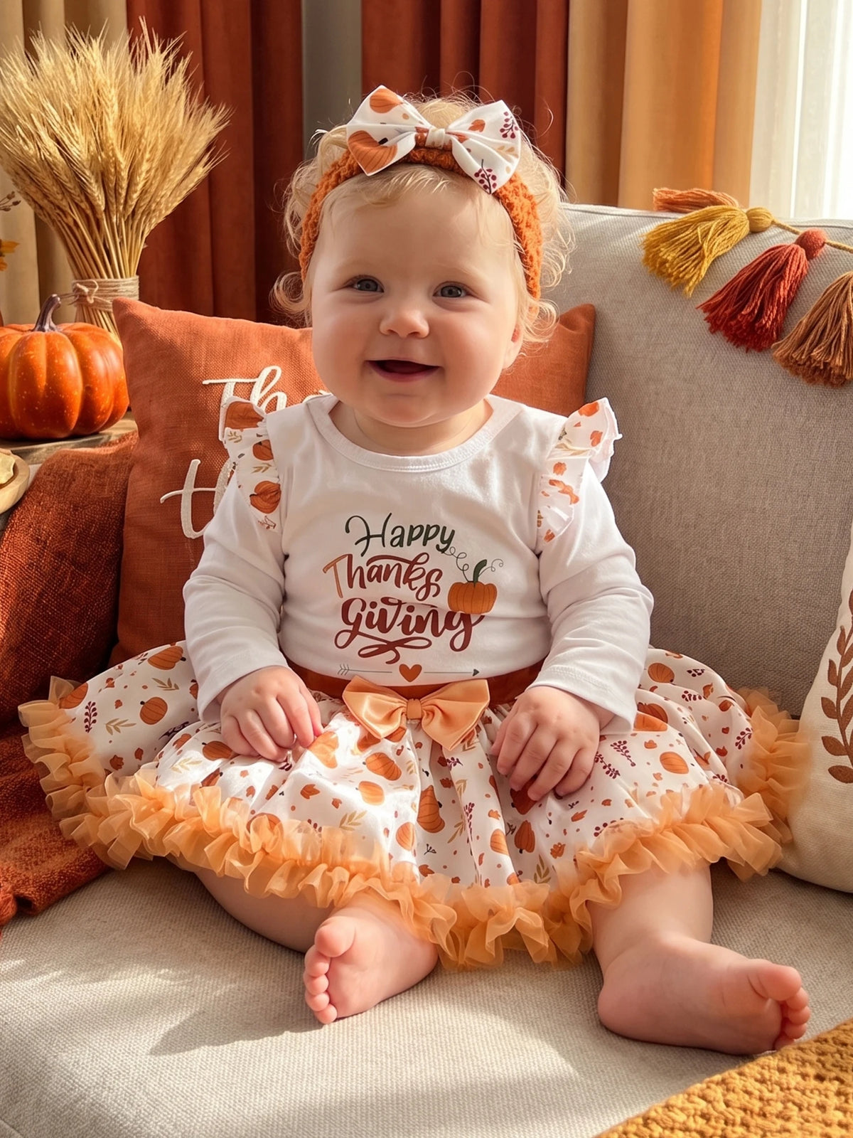 Toddler Girls Pumpkin Print Skirt And Long Sleeve Top Outfit
