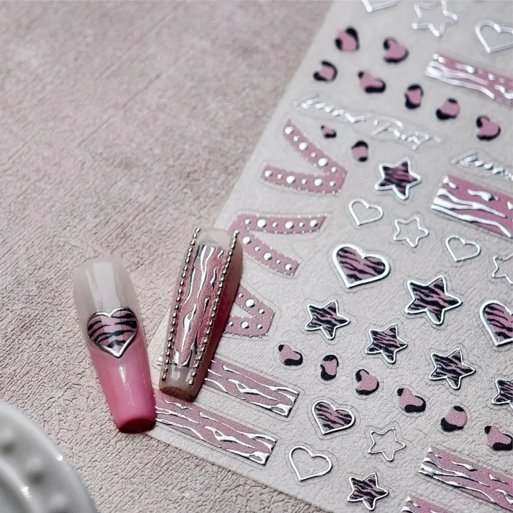 Pink Girl Lace Bow Nail Sticker 3D Relief Sweet Cool Checkered Nail Art Stickers Laser Silver Star Love Heart Manicure Decals
