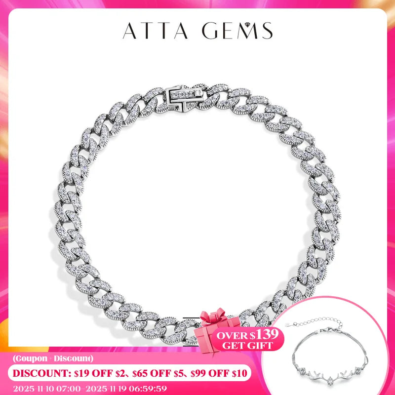 ATTAGEMSC Moissanite Cuba Chain S925 Bracelet For Women Men