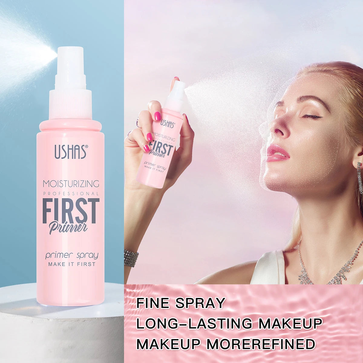 Ushas, Quick Setting Spray - Long-lasting, fade-resistant foundation sealant, moisturizing primer - Illuminates and controls oil