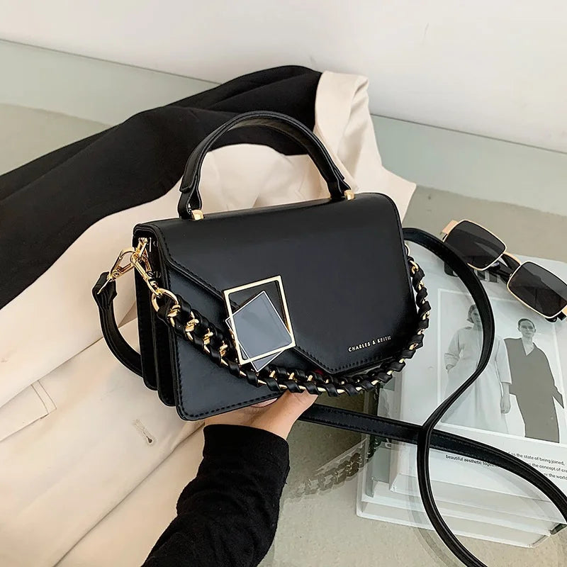 PU Leather Chain Shoulder Crossbody Handbag With Geometric Metal Lock
