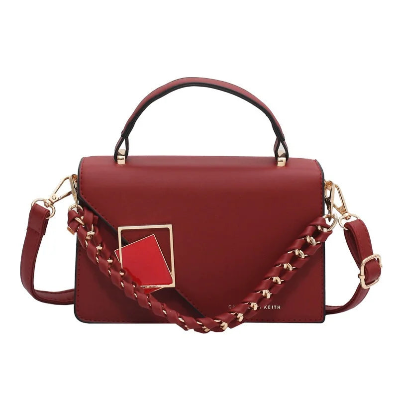 PU Leather Chain Shoulder Crossbody Handbag With Geometric Metal Lock
