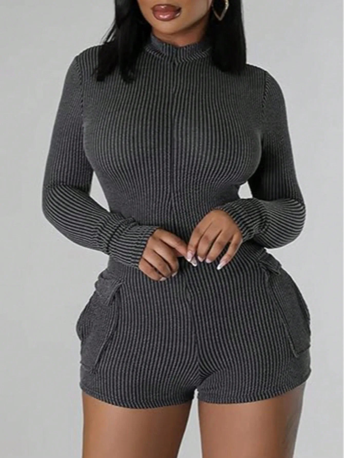 Women Long Sleeve Ribbed Jumpsuit Zip Up Front Workout Romper