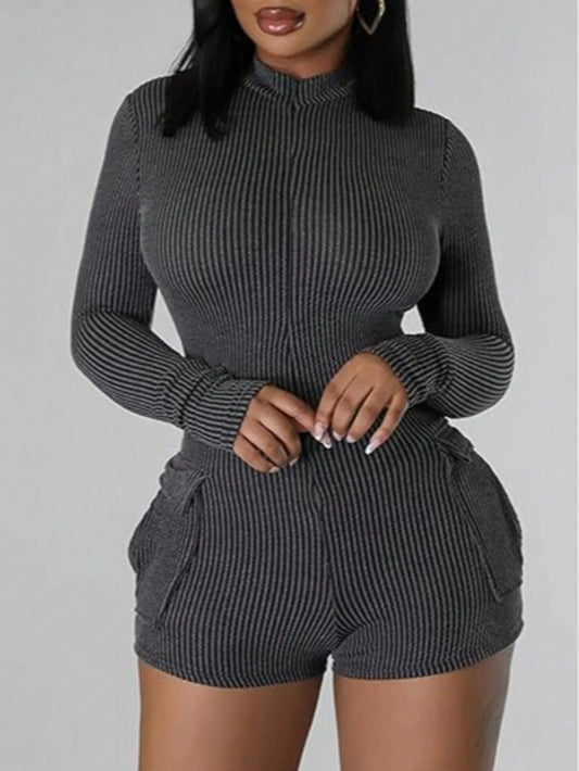 Women Long Sleeve Ribbed Jumpsuit Zip Up Front Workout Romper