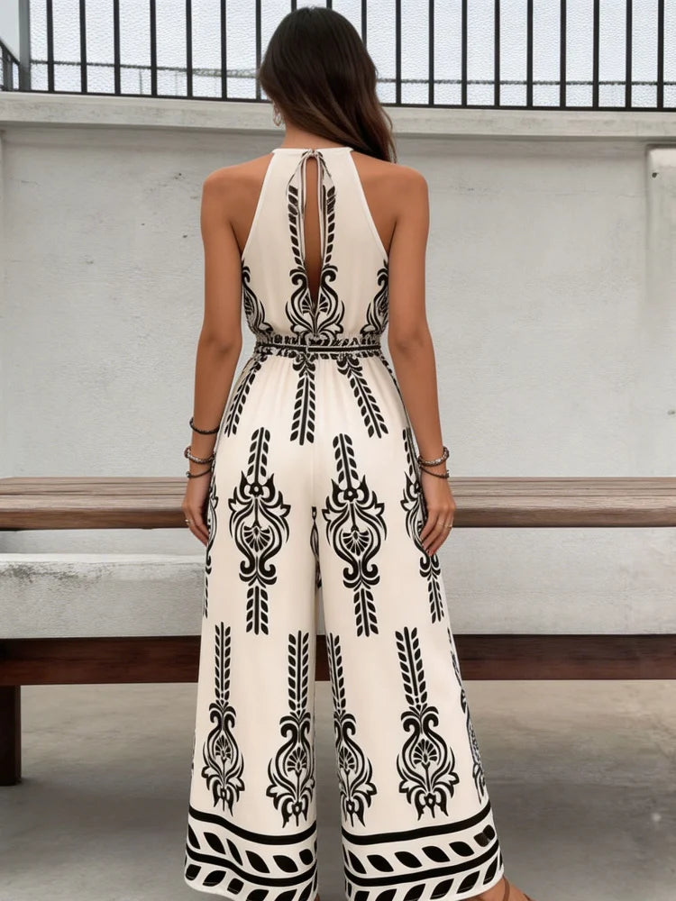 Womens Bohemian Polyester Jumpsuit Ethnic Print Loose Fit