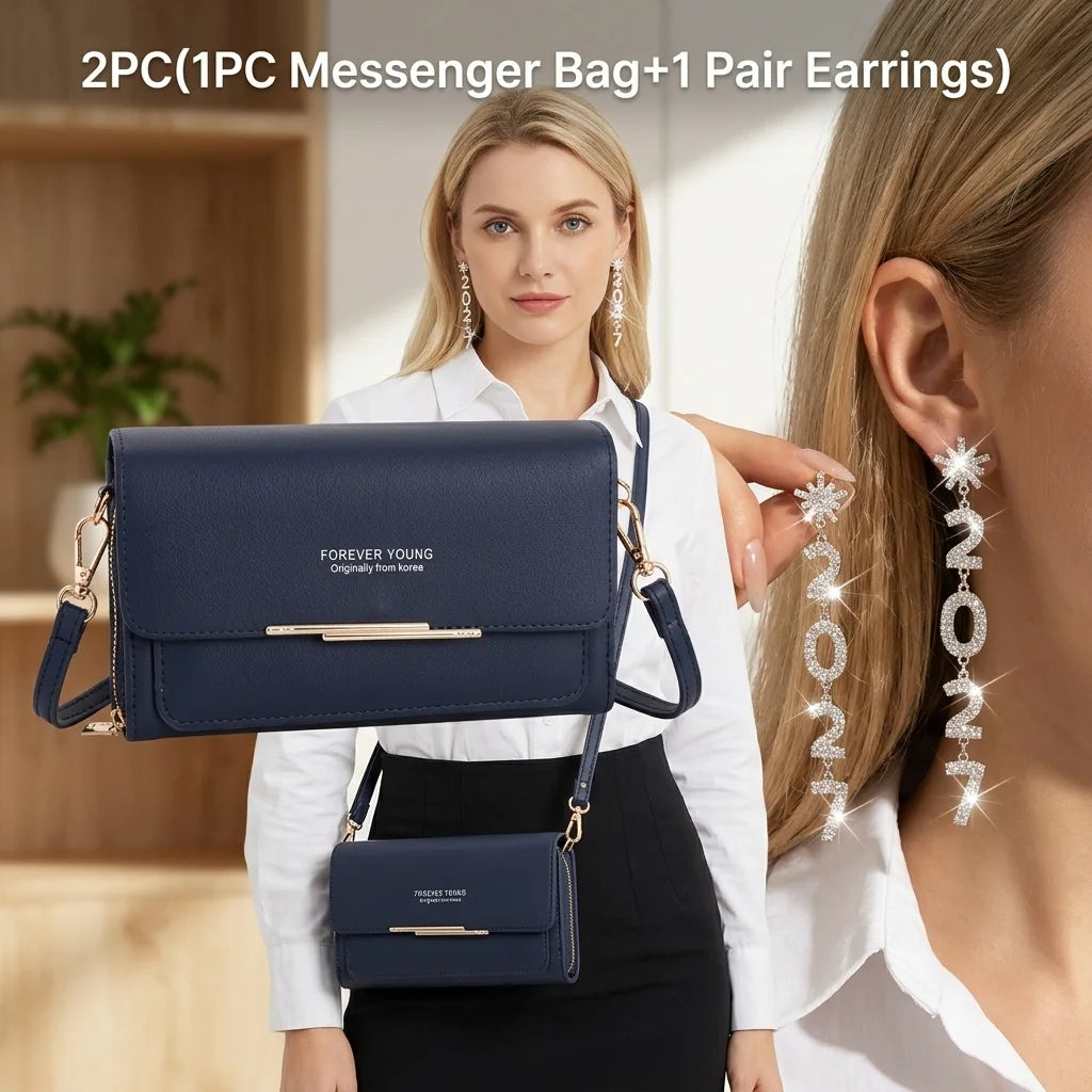 Womens Patent Leather Crossbody Bag with Rhinestone Drop Earrings Set