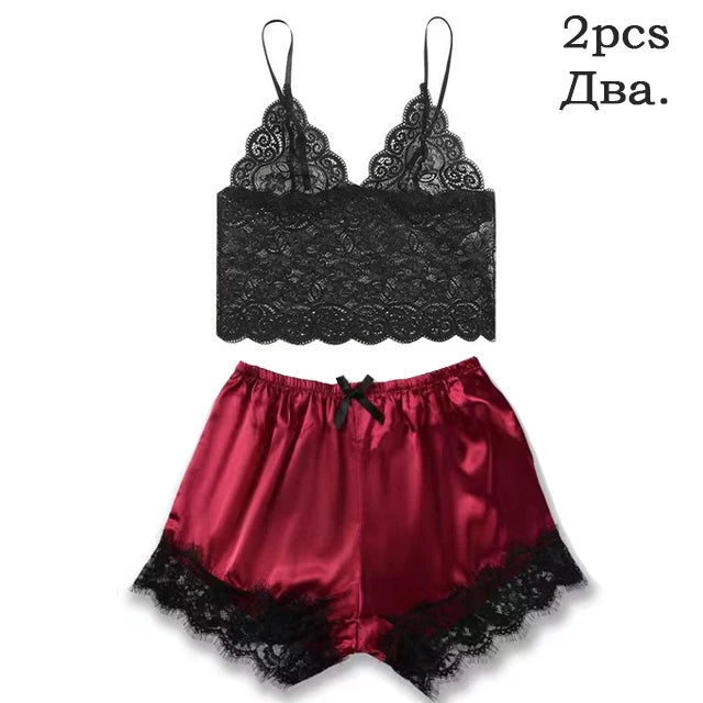 Women Satin Sleepwear Pajama Set With Lace Bath Robe