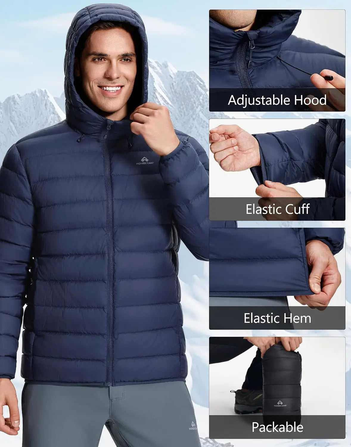 Pioneer Camp Men's Down Puffer Jacket with Hood Lightweight Packable Warm Insulated Thermal Puffy Winter Coat Ski Travel