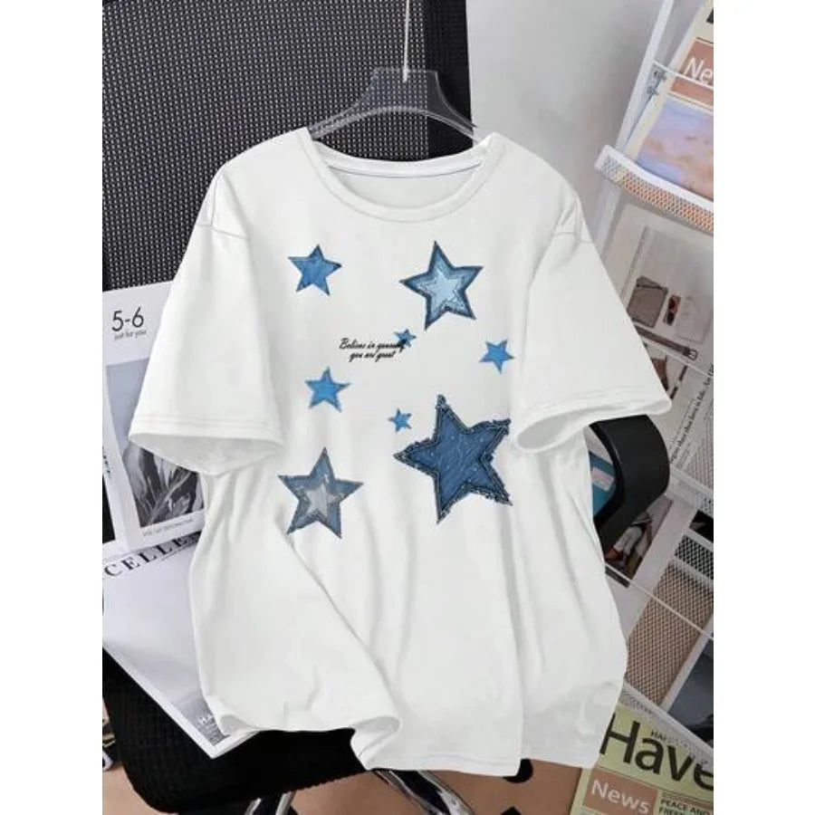 Women's Retro Stars Slogan Print Cotton T Shirt Short Sleeve