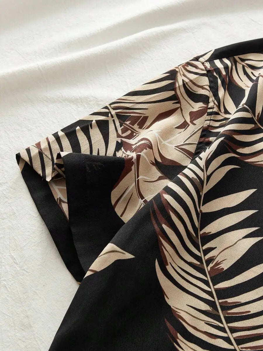 Men's Woven Casual Shirt With Leaf Pattern For Summer