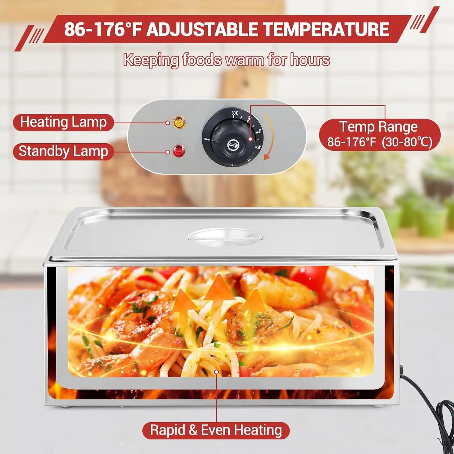 Commercial Food Warmer, Stainless Steel Buffet Bain Marie, 21QT Electric Steam Table with 86-176°F Temp Control Tap & Lid