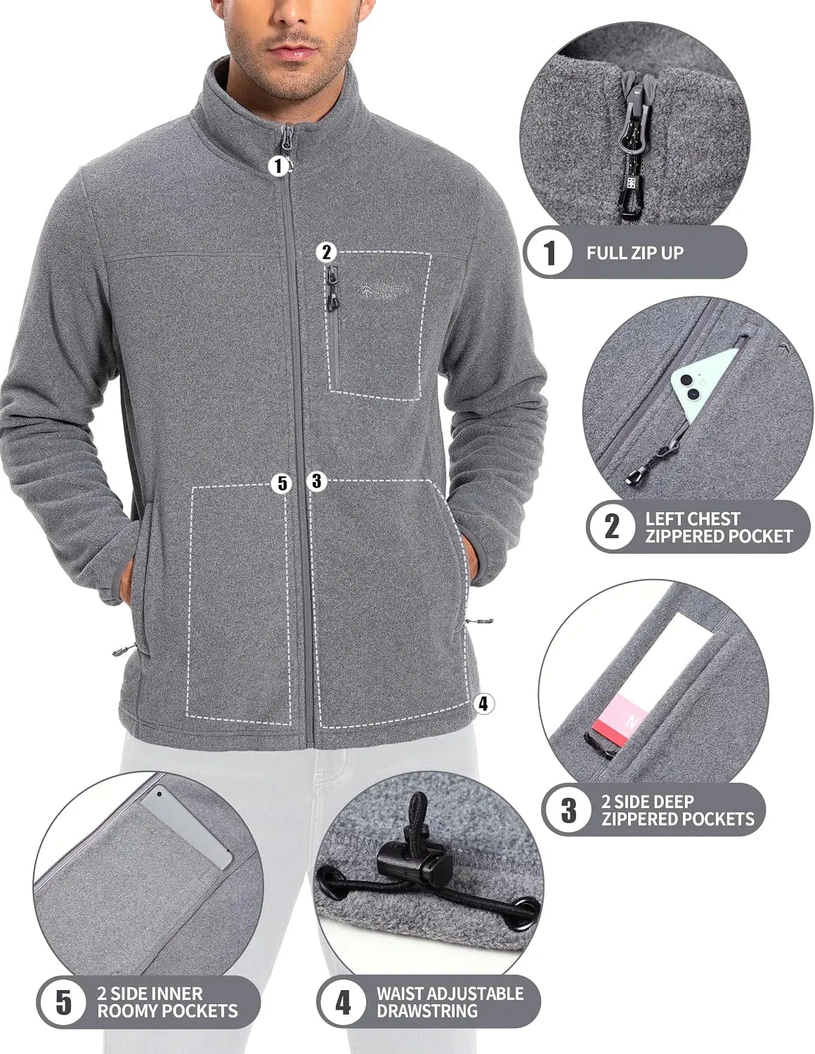 Pioneer Camp Fleece Jacket Men Full Zip Polar Lightweight Windproof Casual Soft Warm Outwear Outdoor Coat with Chest Pocket