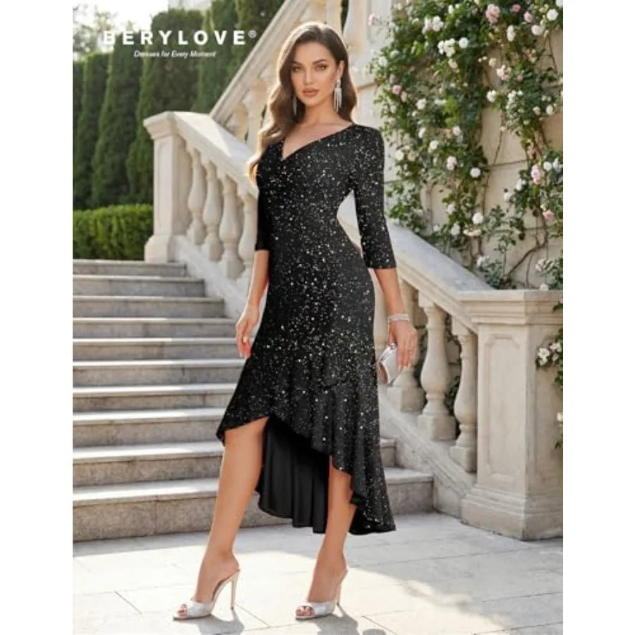 Sequin Formal Cocktail Dress For Wedding Guest Prom Sparkly Gown