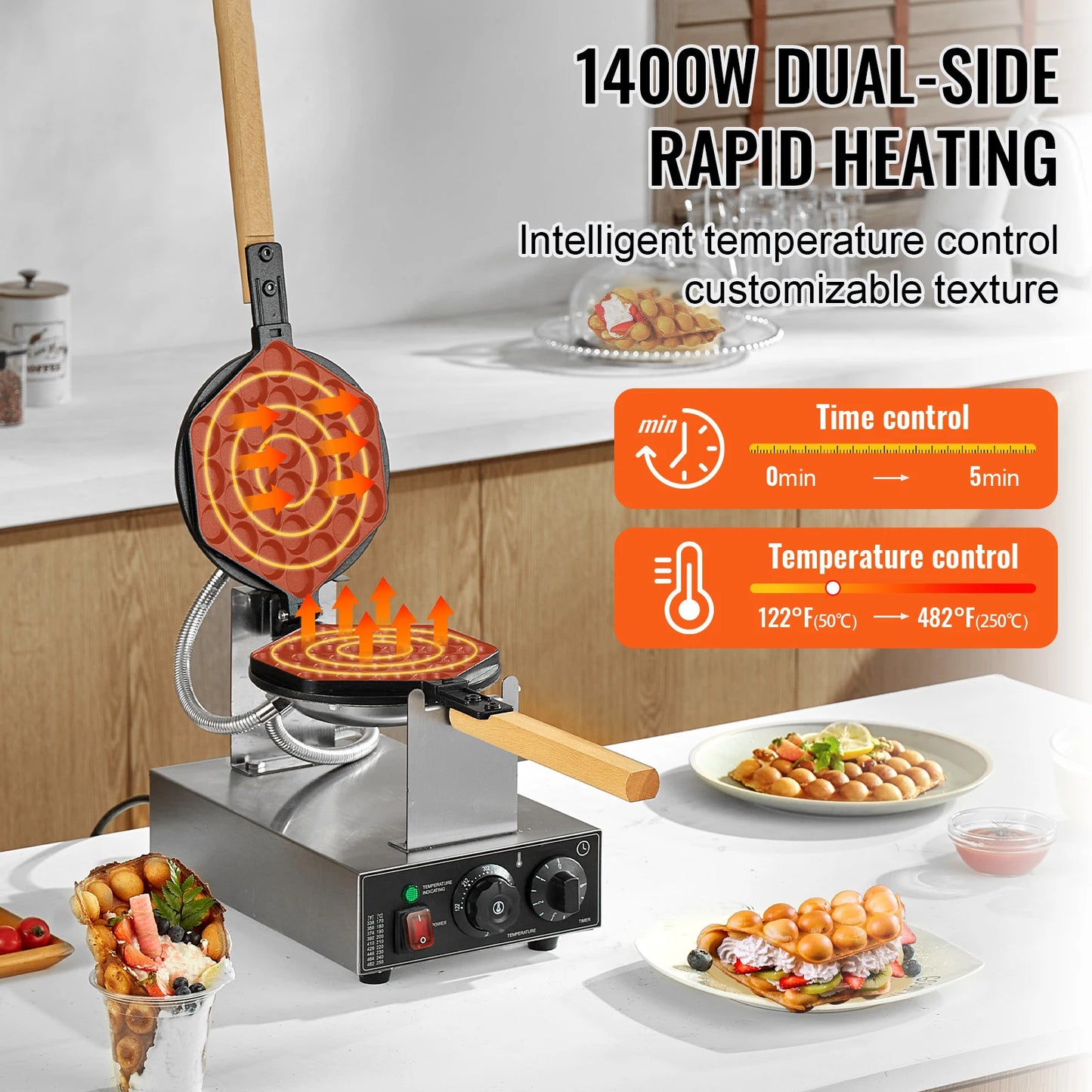 VEVOR Commercial Egg Bubble Waffle Maker 1400W Stainless Steel