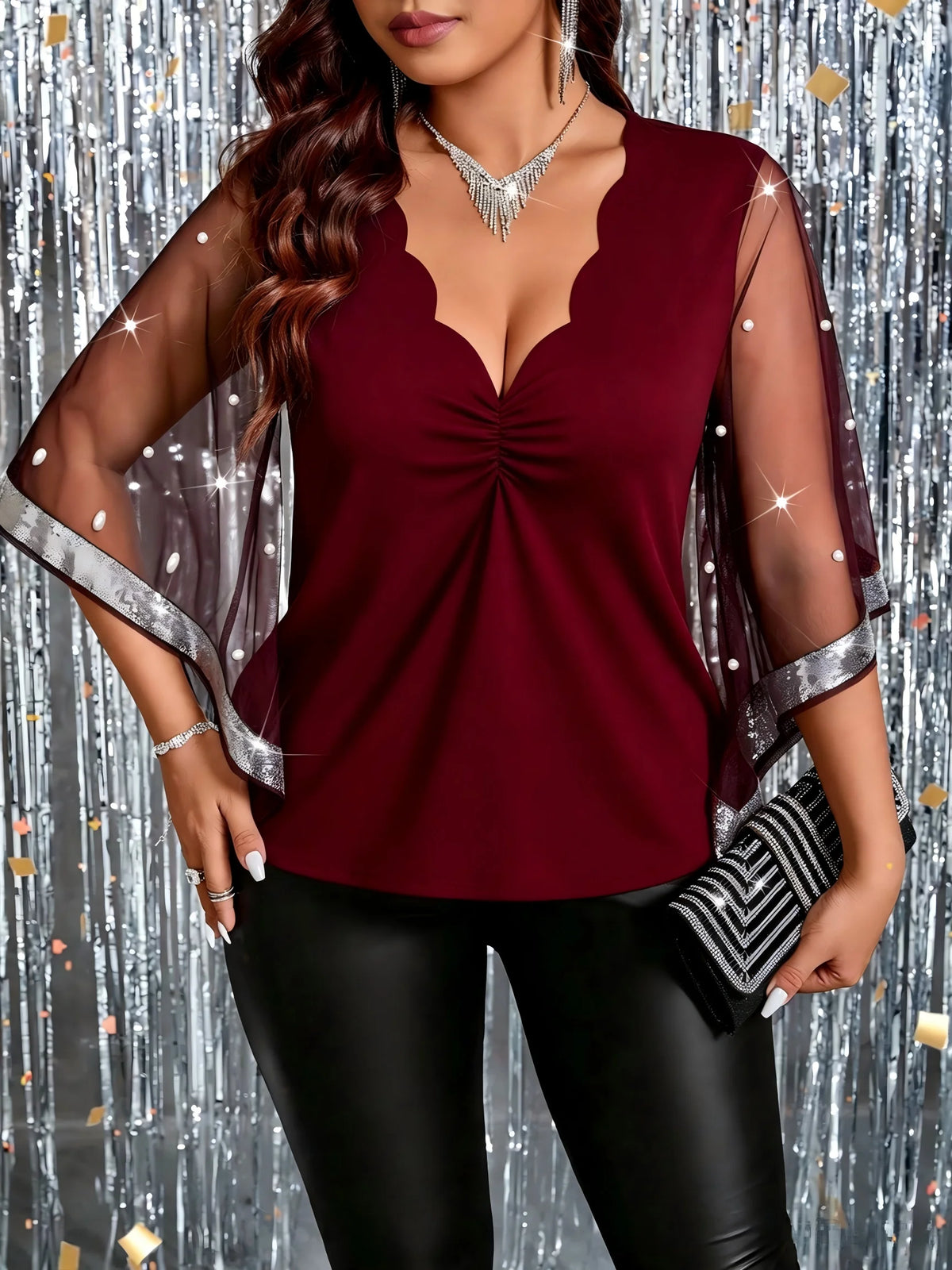 Plus Size Women Party Blouse Scallop V‑Neck Mesh Bell Sleeve Pearl Beaded Glitter Trim Burgundy Evening Clubwear Top