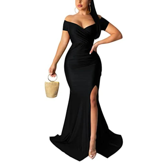Elegant Women's Off Shoulder Prom Dress Lace V Neck Wrap