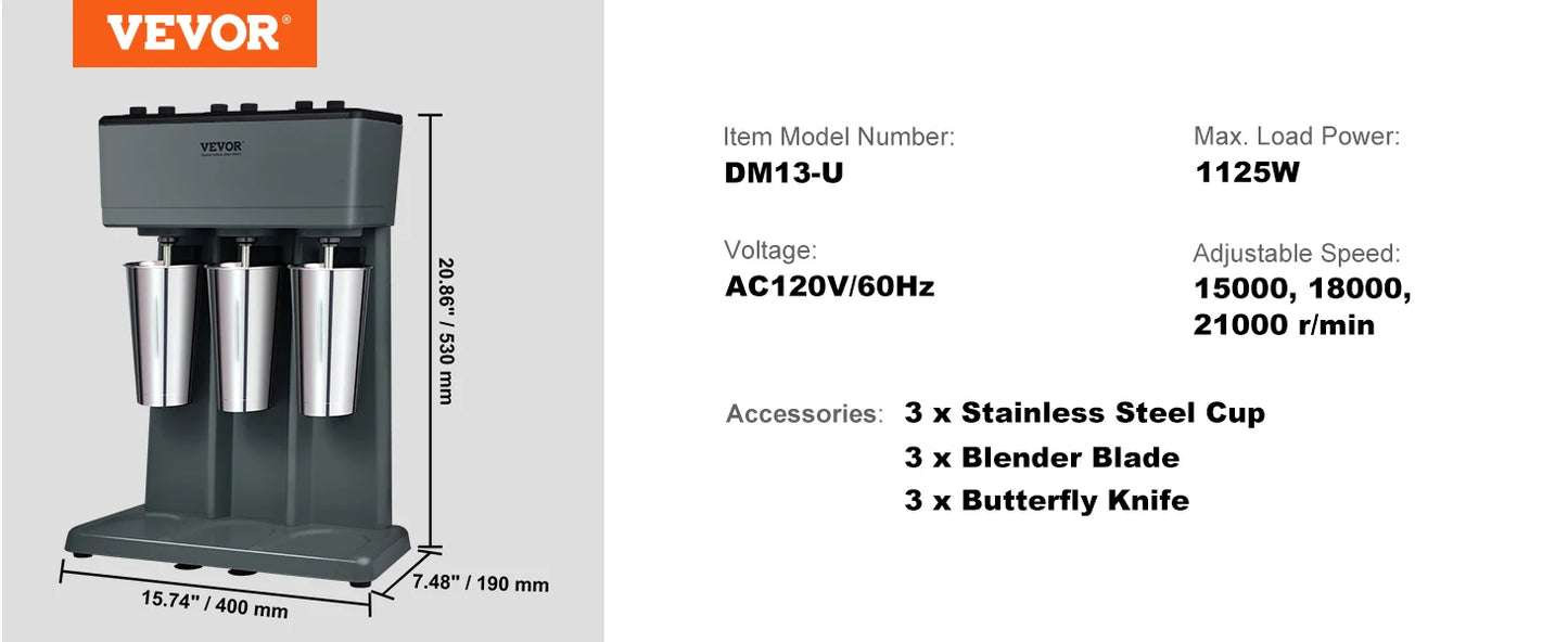 VEVOR Milkshake Maker 3-Speed Double-Head Stainless Steel Blender
