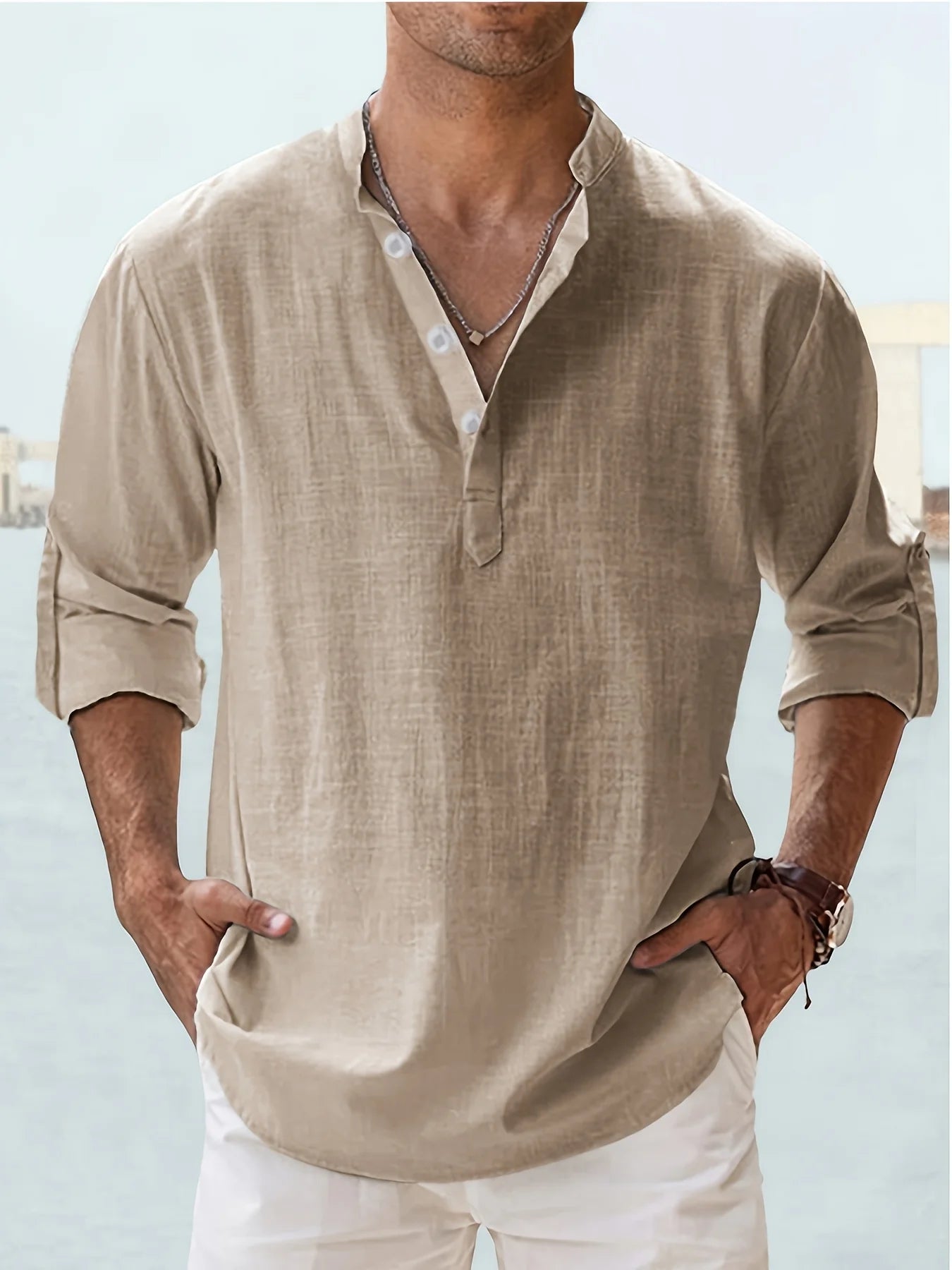 Men's Stand Collar Cotton Long Sleeve Shirt Loose Fit