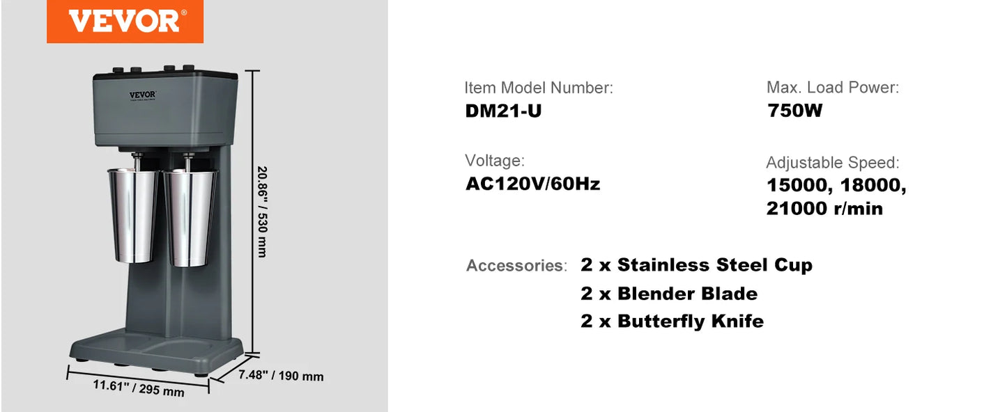 VEVOR Milkshake Maker 3-Speed Double-Head Stainless Steel Blender