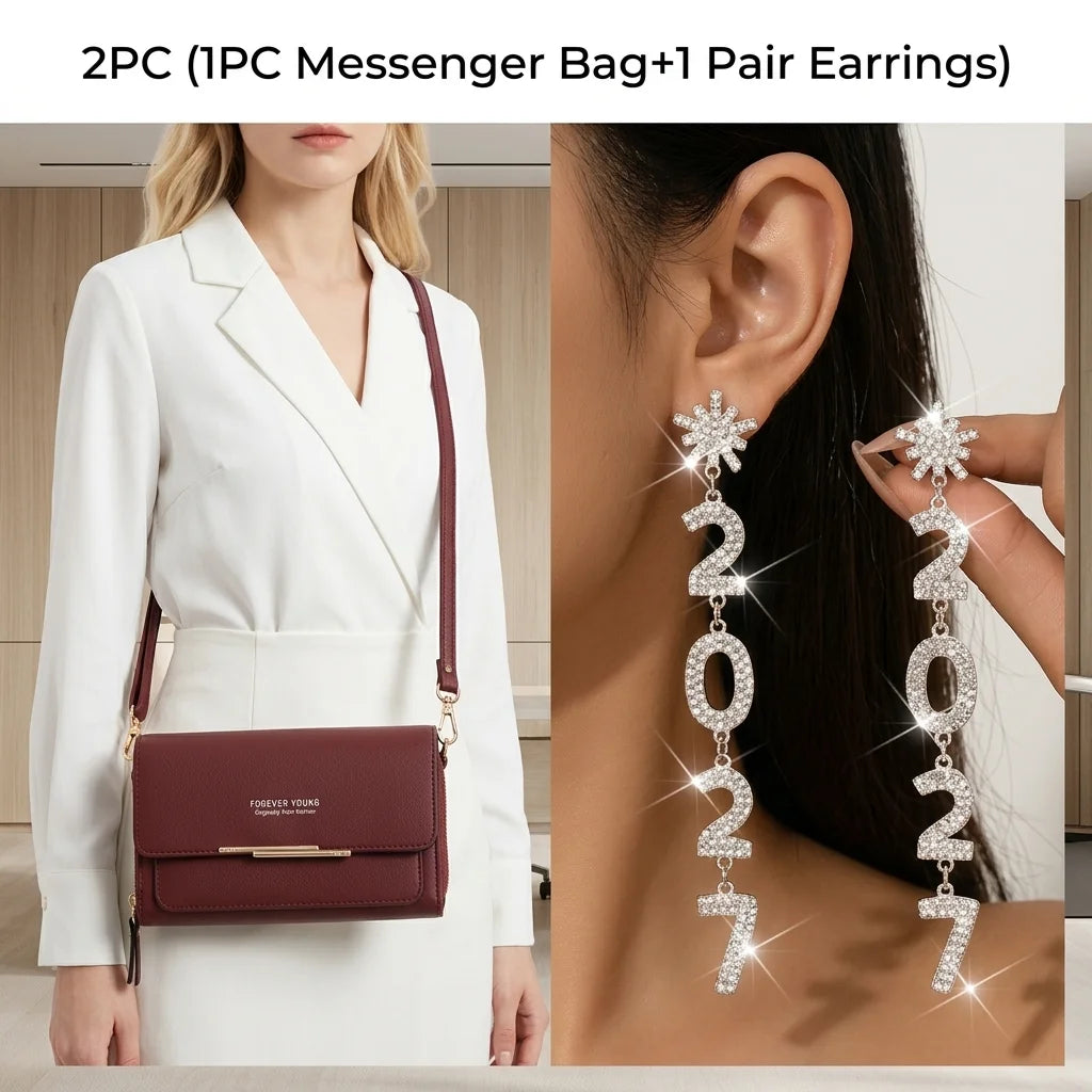 Womens Patent Leather Crossbody Bag with Rhinestone Drop Earrings Set